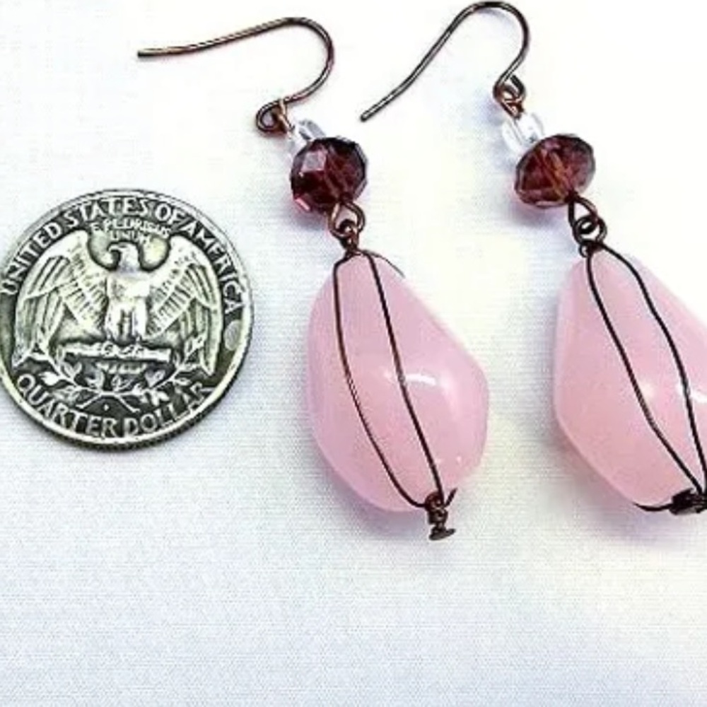 1970s Pink Quartz Pierced Earrings with Crystal Rondelles